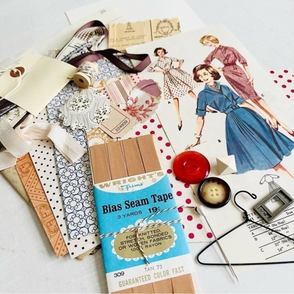 Vintage Ephemera Sewing Pattern MCM Kit - Paper + Hardware + Ribbon +